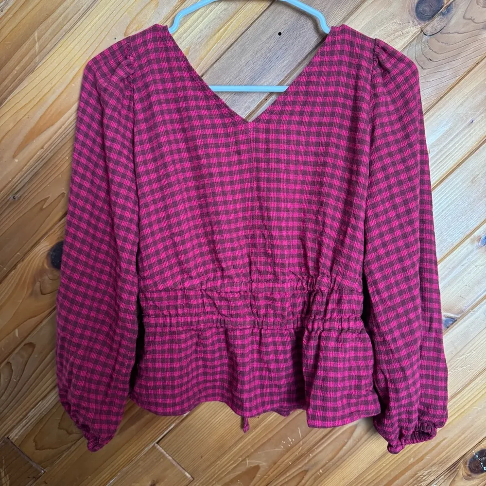 Madewell Crinkled V-Neck Peplum Top in Plaid Sizs XS - Image 5