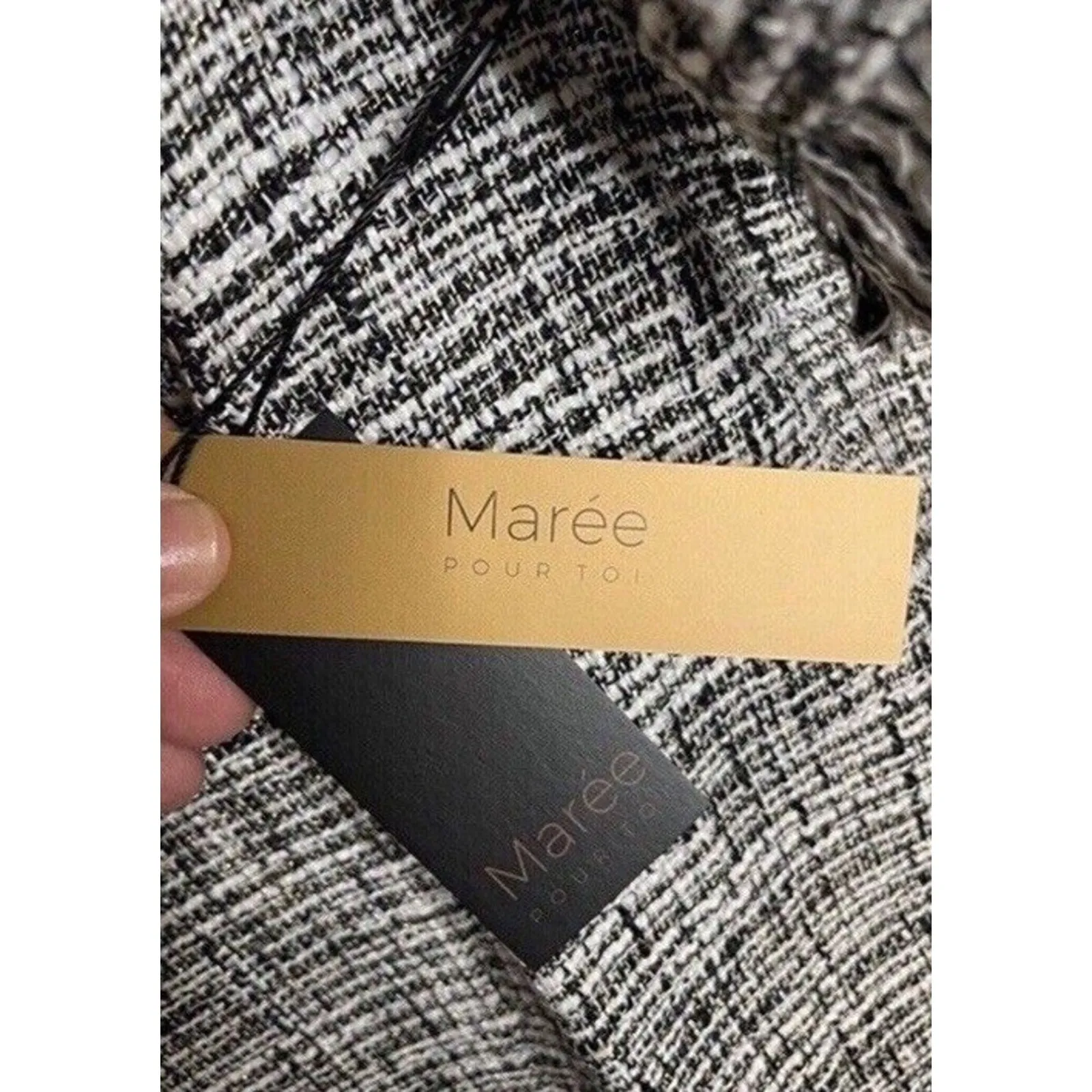 Maree Pour Toi Blouse Tweed Size 14 Black White Gold Fringe Business Casual NWT - Image 5