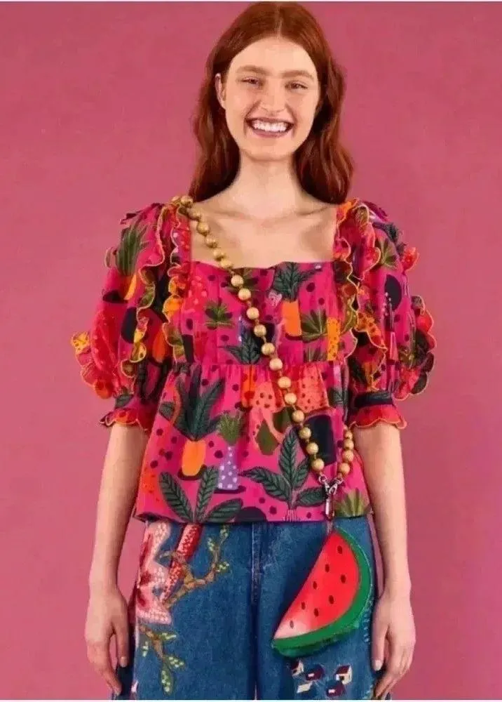 NWT FARM RIO POP LEOPARDS Short Sleeve Top BLOUSE Pink S - Image 3