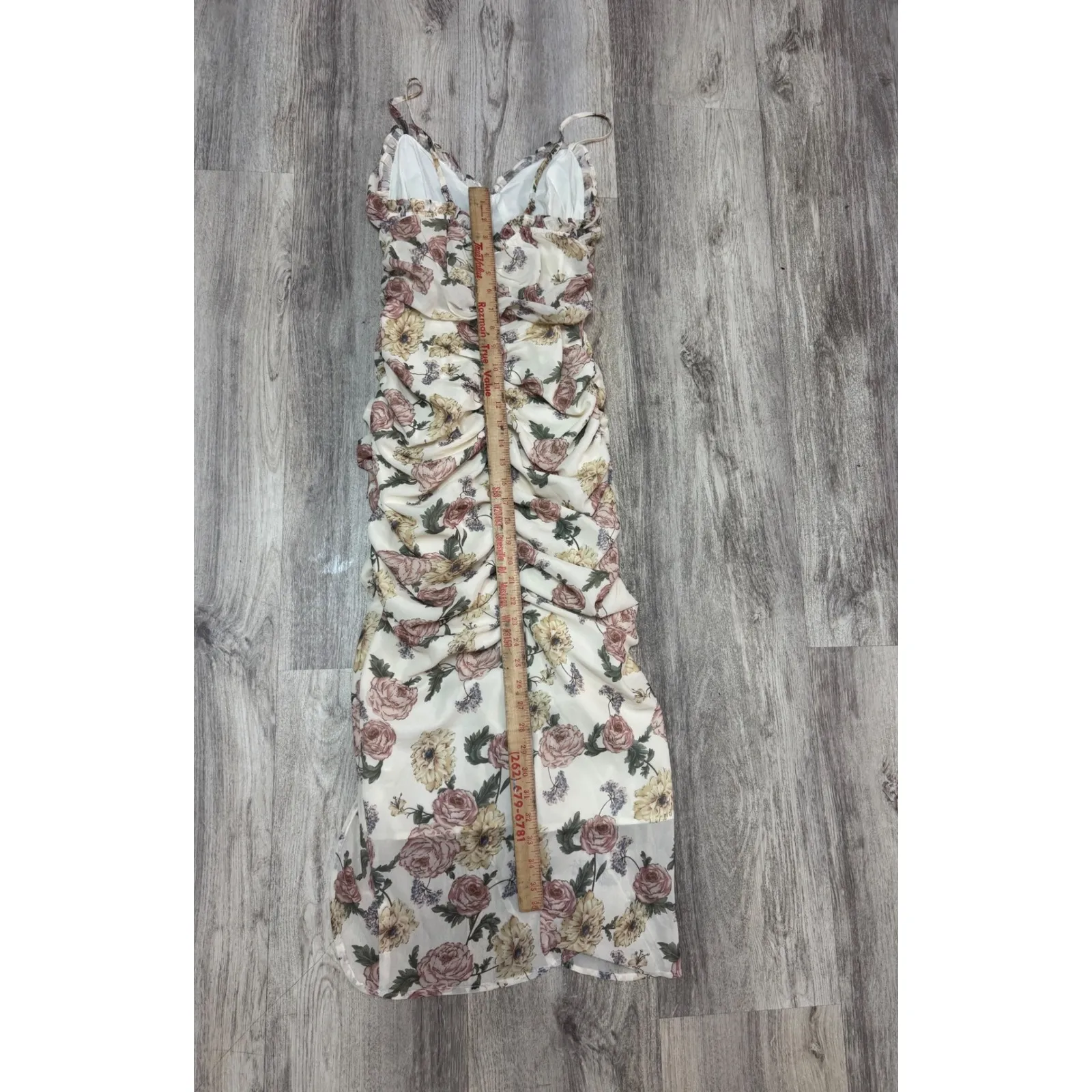 Mable Floral Print Ruched Bodycon Dress Spaghetti Strap Midi Slit - Image 5