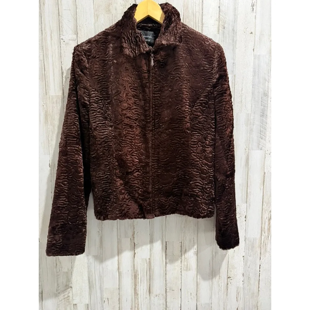 Giancarlo Ferrari Jacket Womens 12 Brown Textured Faux Fur Full Zip Lined - Image 2