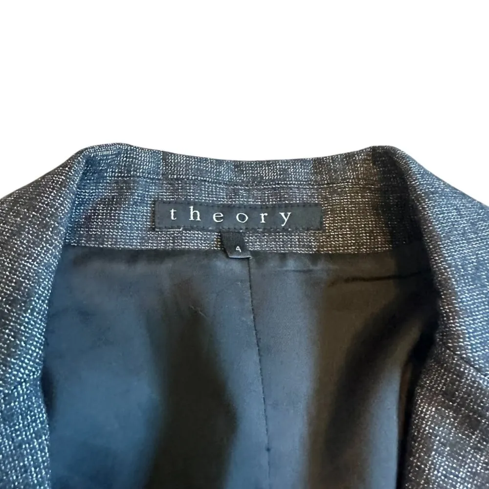 Theory Button-Down Blazer Jacket Black Grey Pockets Fitted Wool Size 4 Women's - Image 2
