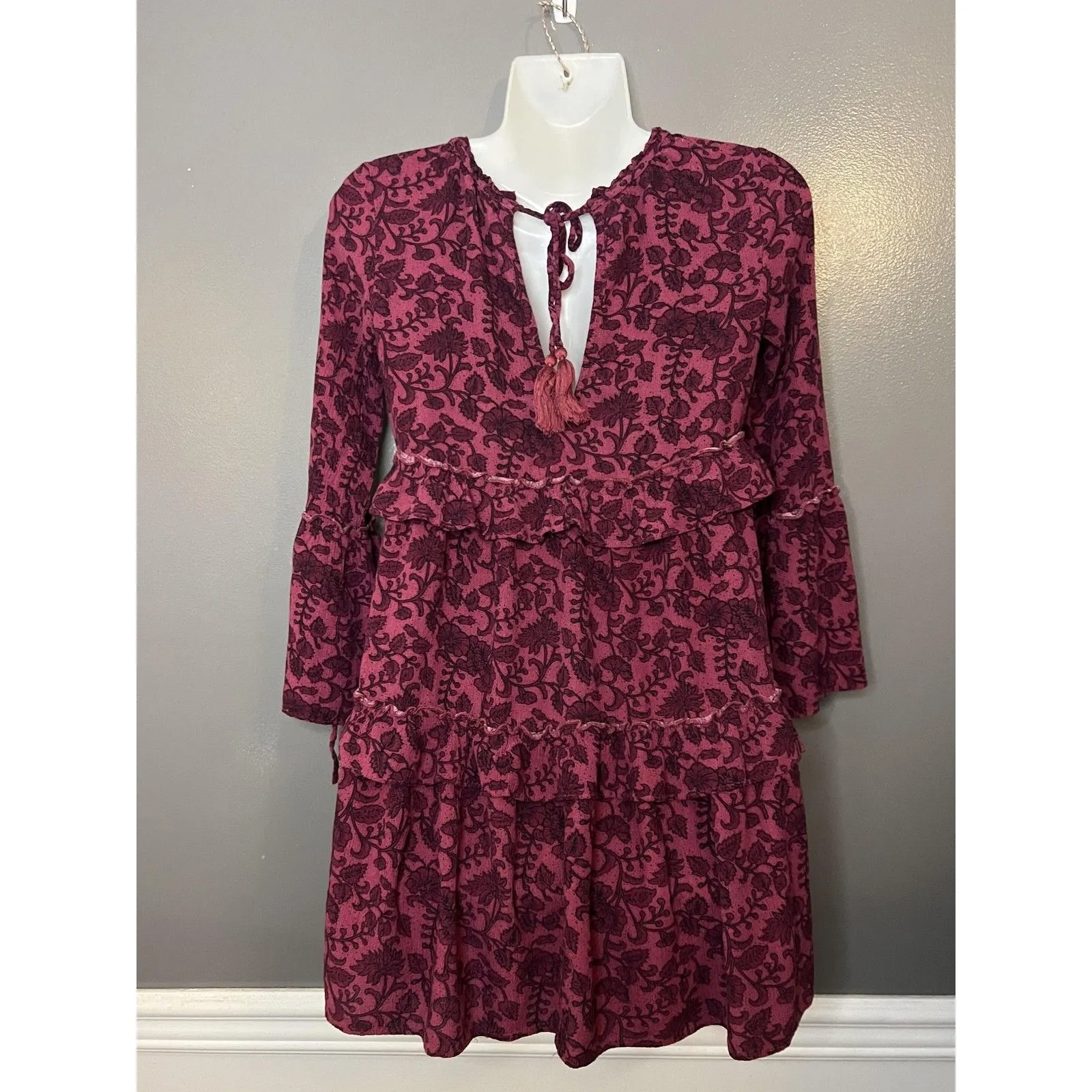 American Eagle Outfitters Dress Womens XS Pink Floral Boho Tiered Ruffle Keyhole - Image 5