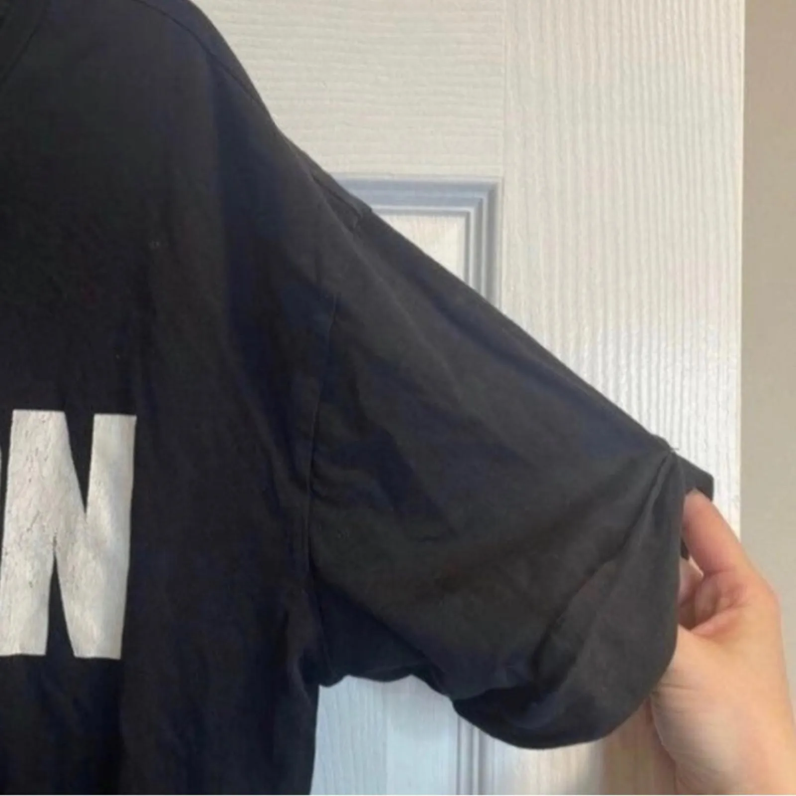 Zara Trafaluc Black London Graphic Cropped Shirt Mixed Media Pleather Fringe - Image 3