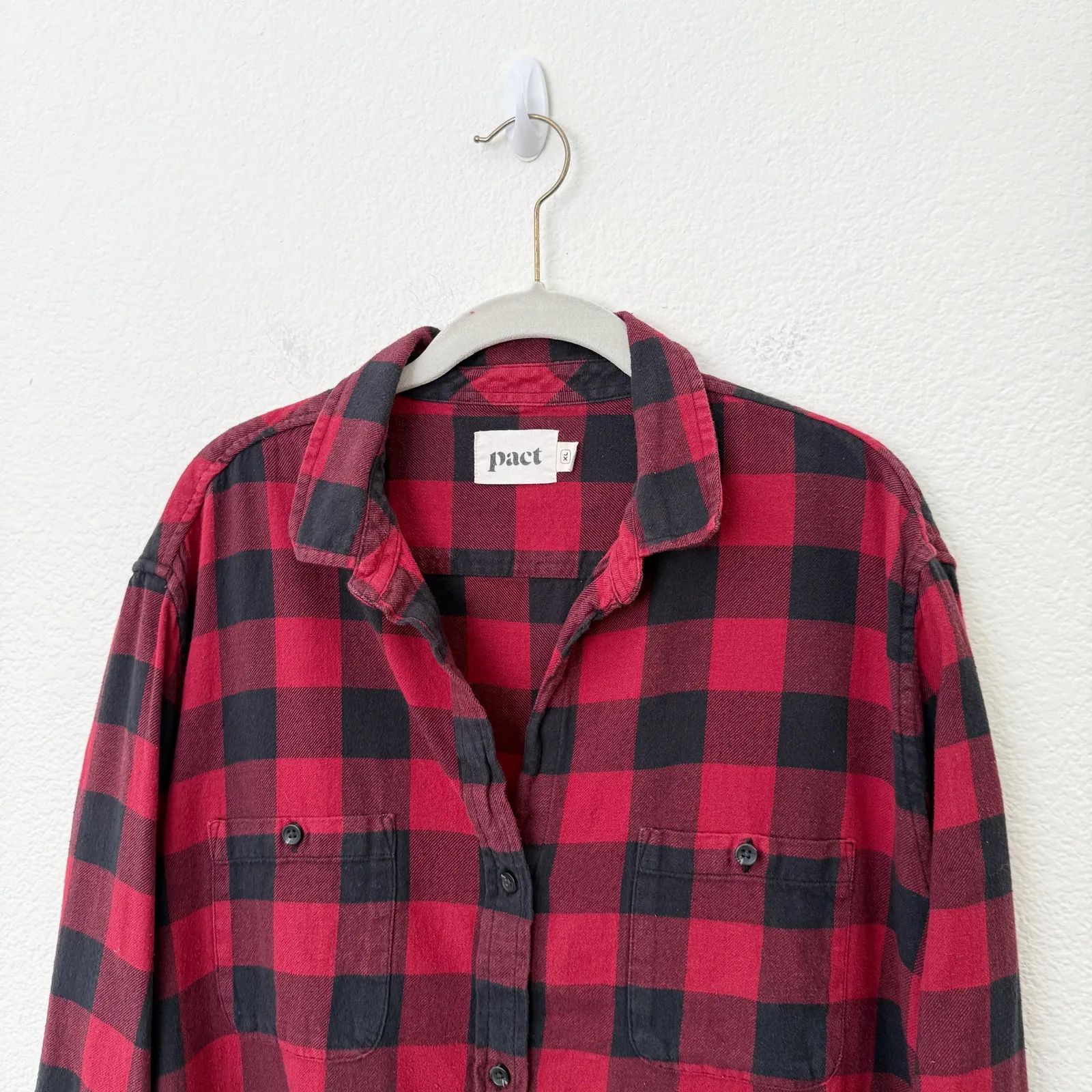 [Pact] Red Black Buffalo Plaid Tartan Button Down Shirt Organic Cotton Size XL - Image 4
