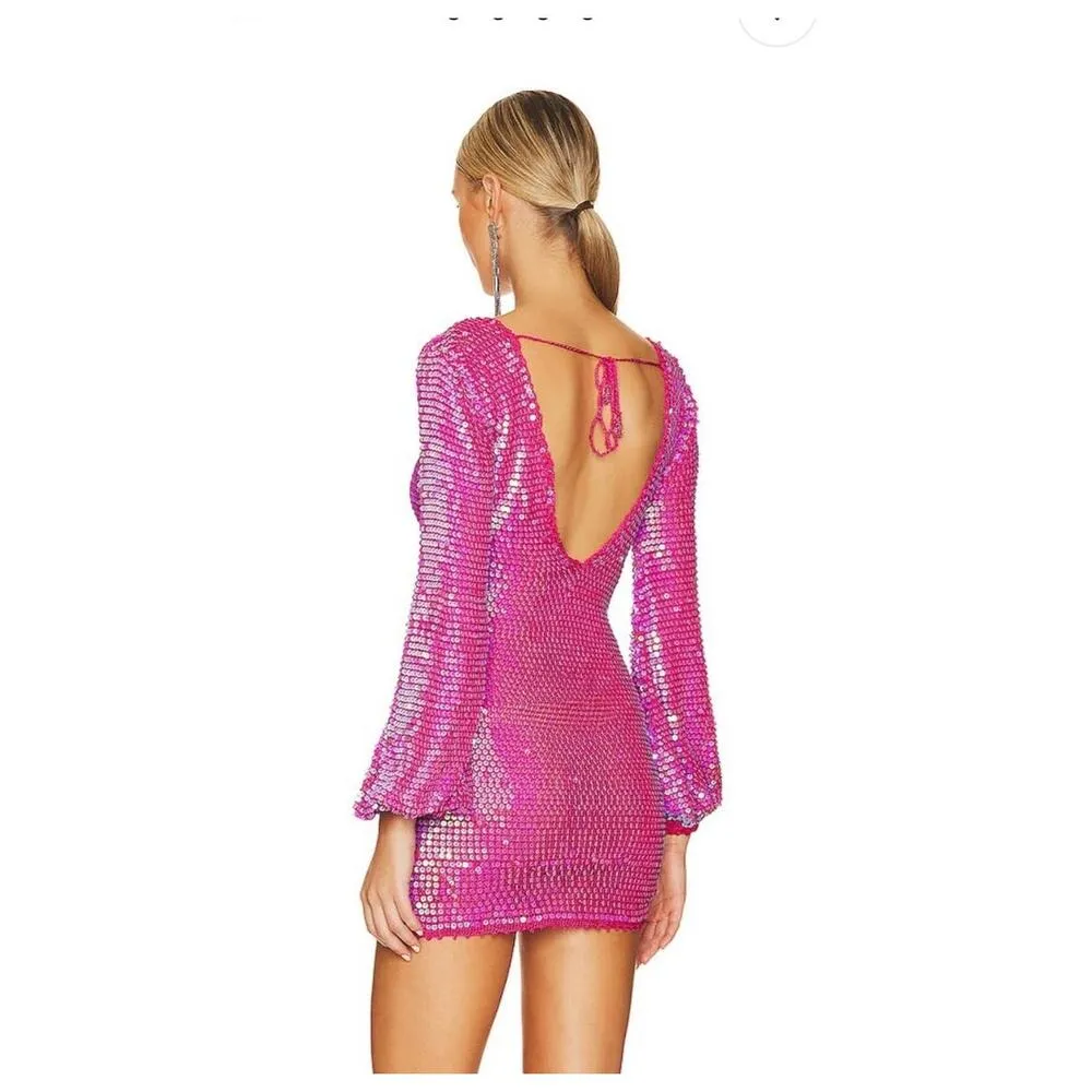 Retrofete Tara Crochet Dress Iridescent Pink Long Sleeve XS/S NWT Sequins - Image 2