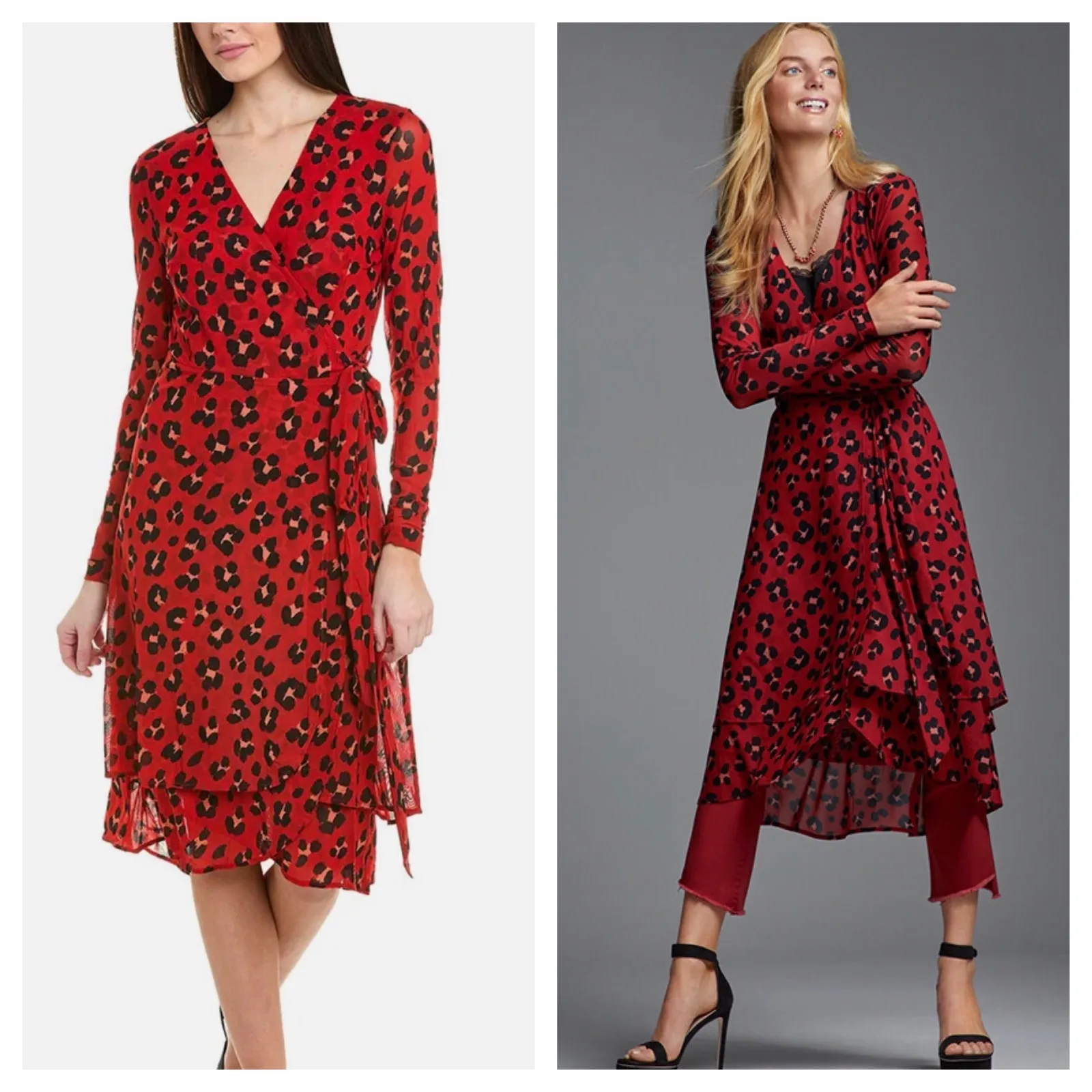 CAbi Siren Wrap Midi Dress Small Red Leopard Animal Print Long Sleeves Chic - Image 2