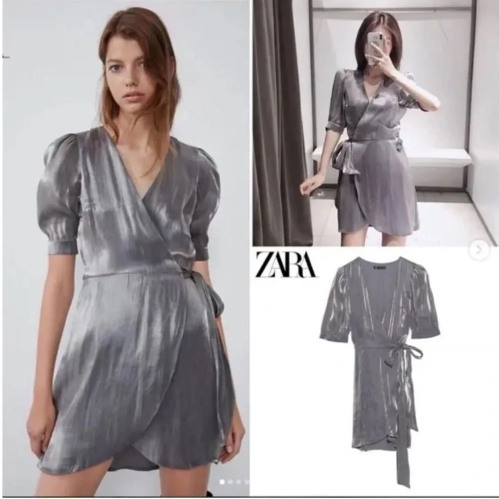NWOT Zara Metallic Silver Laminated Pewter Wrap Mini Dress Sz XS - Image 2