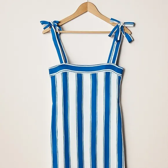 Olivia James The Label Striped Linen Dress Tie‎ Shoulder XS Blue White Coastal - Image 3