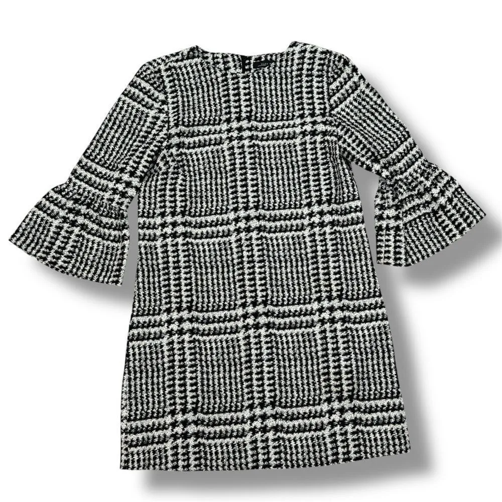 Zara Houndstooth Check Bell Cuff Shift Mini Dress Black‎ Cream Medium - Image 14