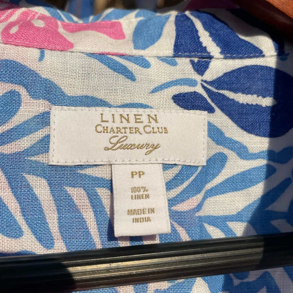 Charter Club Luxury 100% Linen Button-Up Shirt in Pink and Blue Floral Coastal - Image 6