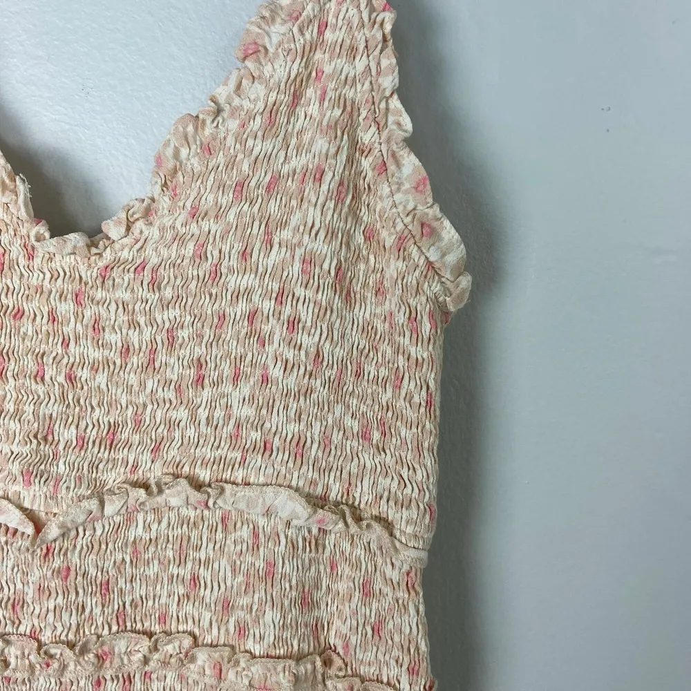 Blakely Dress Smocked V-neck Pink Floral Ruffle Mini Dress Medium - Image 6