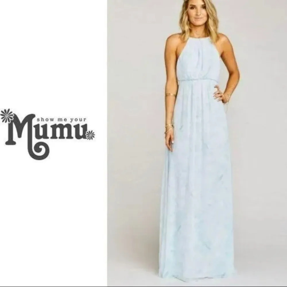 Show me your Mumu halter floral Maxi dress SMALL baby blue bridesmaid sleeveless - Image 3