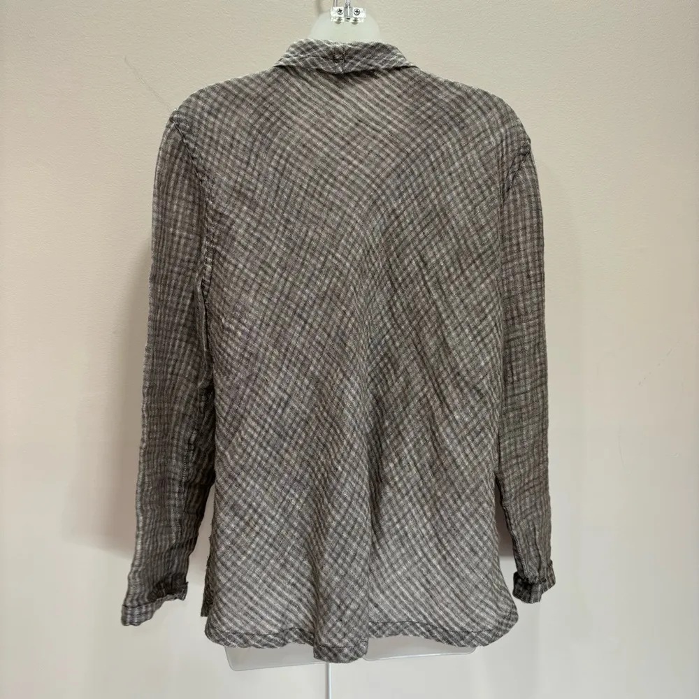 Flax Checkered Linen Long Sleeve Wrap Around Boho Lagenlook Cardigan small tan - Image 6