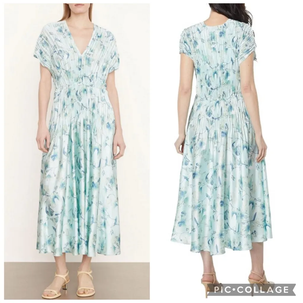 Vince Floral Crushed‎ Satin Midi Dress Pale Lagoon L - Image 2