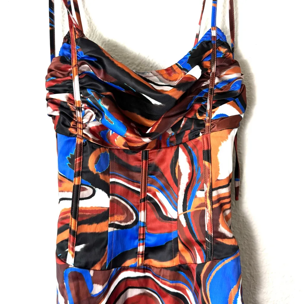 NWT Chocolate Brown & Blue Marble Print Satin Corset Midi Dress Size 2 - Image 5