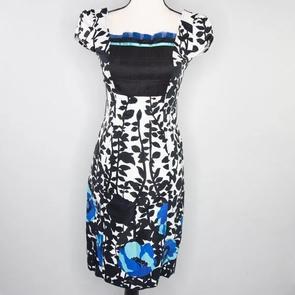 Vintage floral print black‎ white, square neck, bubble short sleeve sheath dress Black Size XXS - Image 2