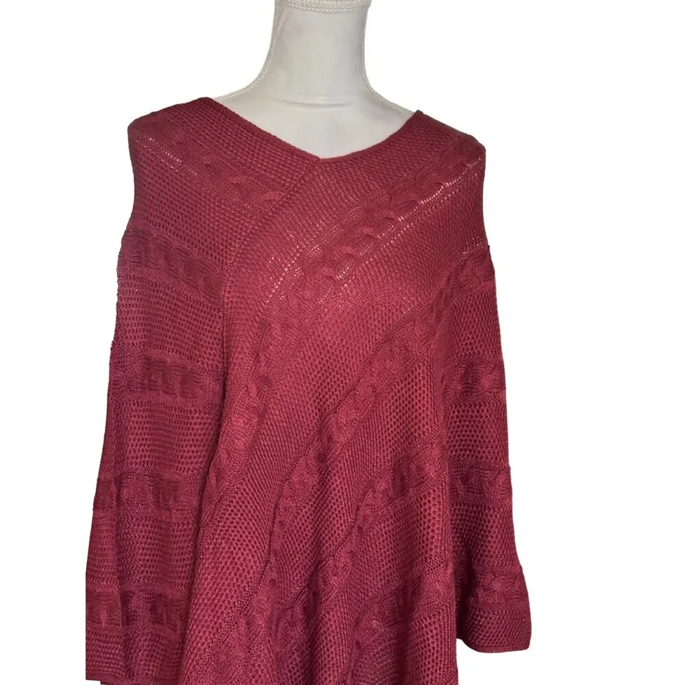 Cozy Burgundy Knit Textured Poncho - Image 2