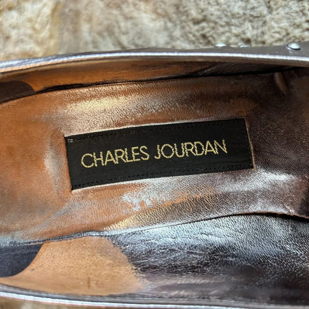 CHARLES JOURDAN Vintage Bronze Leather Rhinestones 3.5" Heels Pumps Shoes 9 Brown - Image 5