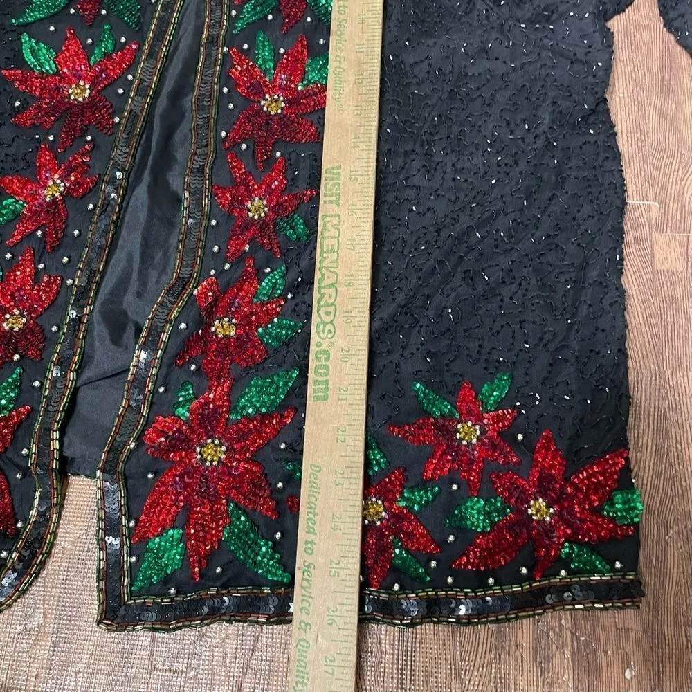 Laurence Kazar‎ 2x Silk Sequin Beaded Poinsettia Christmas Holiday Glam Jacket - Image 6