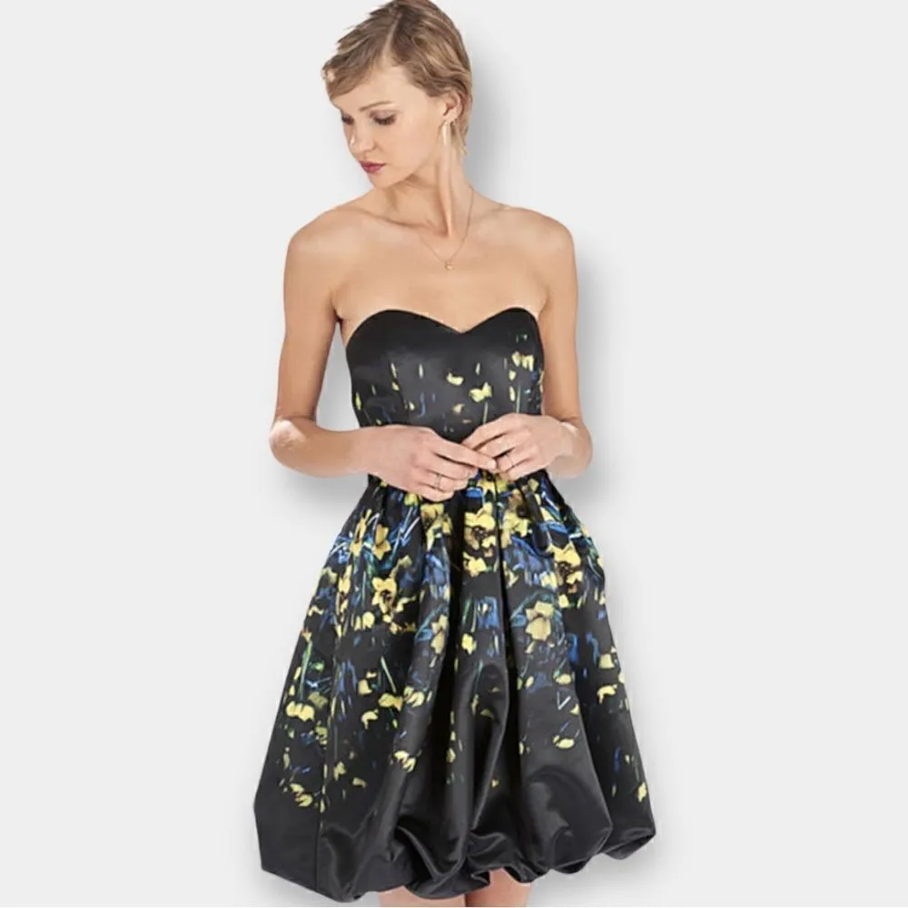 Parker Remi Black & Yellow Floral Satin Strapless Fit N Flare Cocktail Dress 2 - Image 4