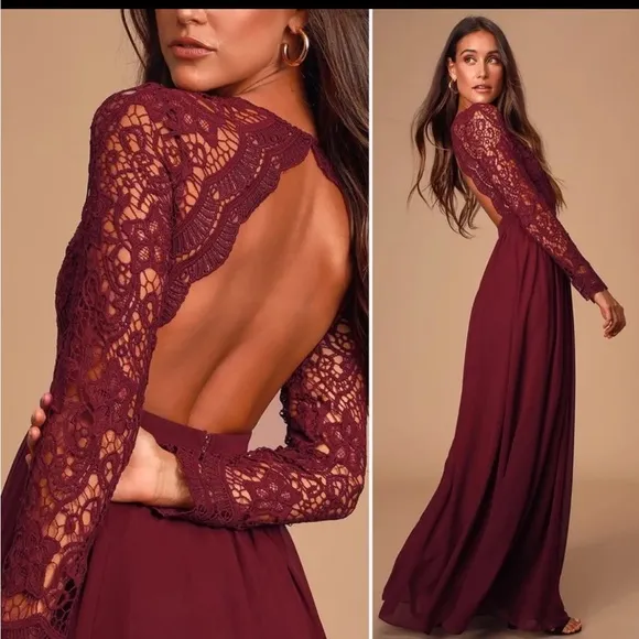 Awaken My Love Burgundy Long Sleeve Lace Maxi Dress small bridesmaids maternity - Image 3