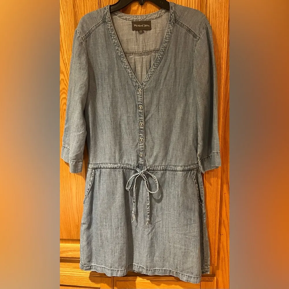 Michael Stars Denim Chambray Tencel  Drawstring Waist Button Down Shirt Dress XS - Image 5