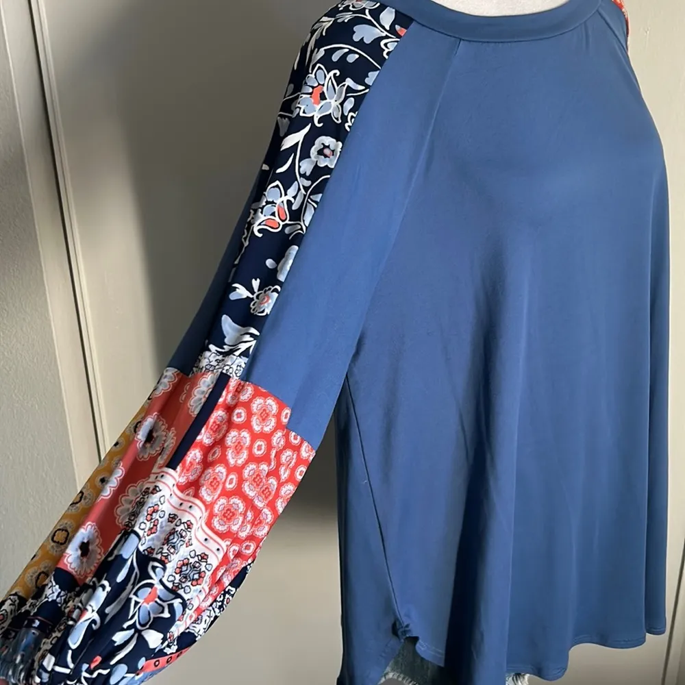 New Boho Balloon Sleeve Color Block Patchwork Jersey Knit Top Long Sleeve Blouse Blue Size L - Image 2