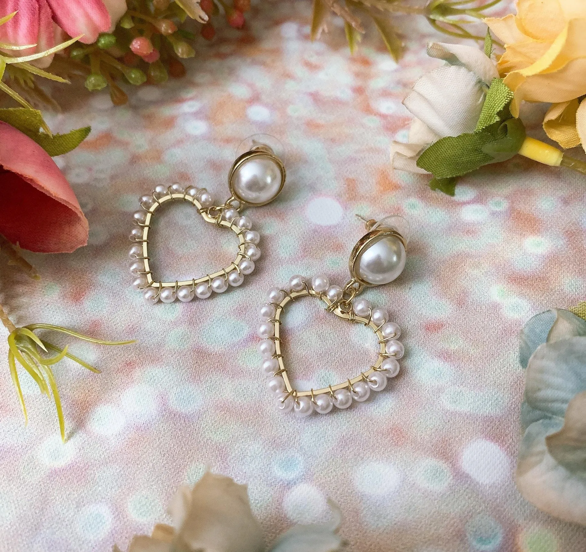 Gold Heart Pearl Statement Earrings - Image 2