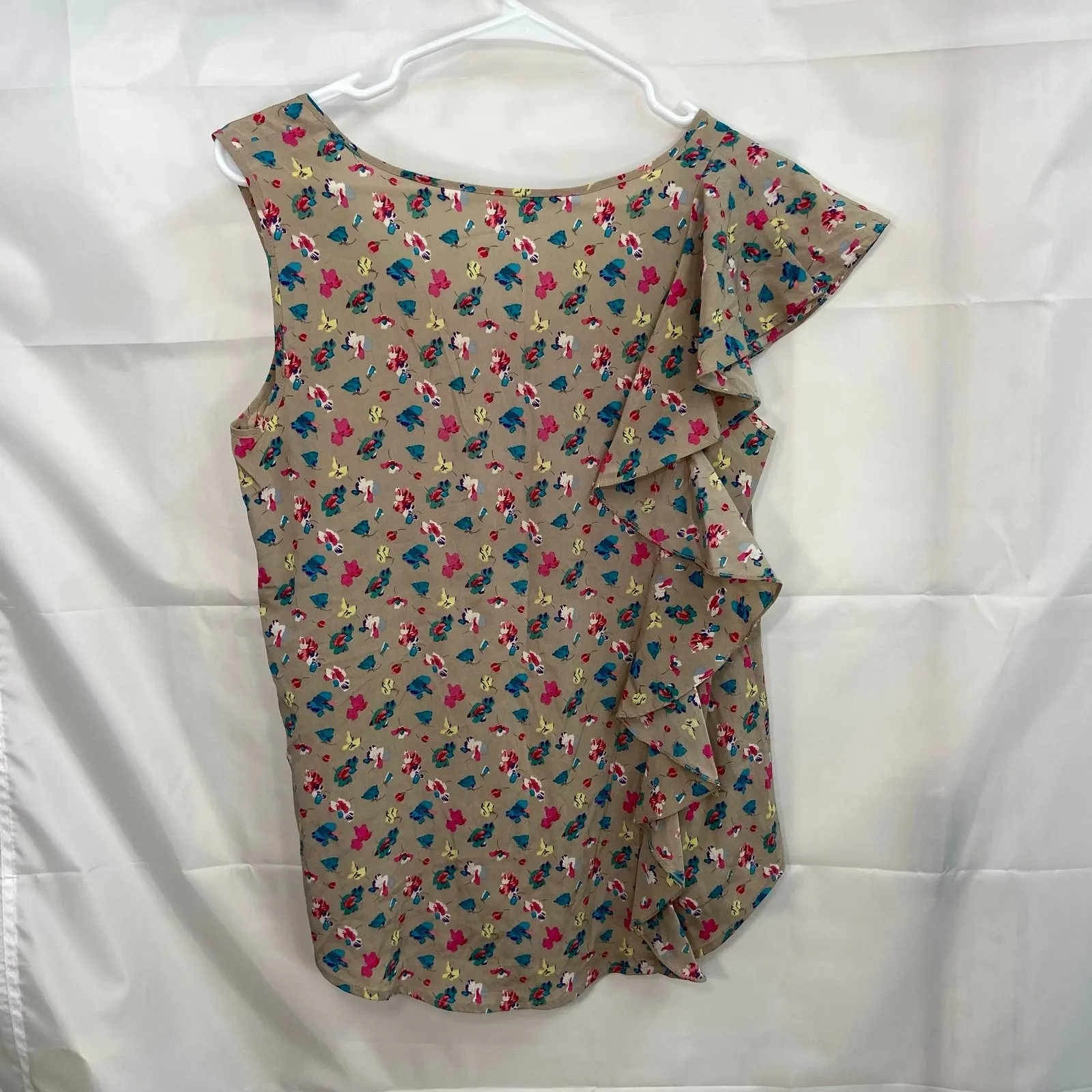 Women's‎ tan floral ruffle sleeve silk stretch business attire casual blouse M Size M - Image 4