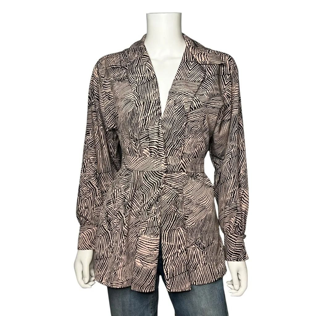 Topshop Zebra Animal Print Wrap Collared Tie Waist Long Sleeve Blouse Size 10 - Image 2