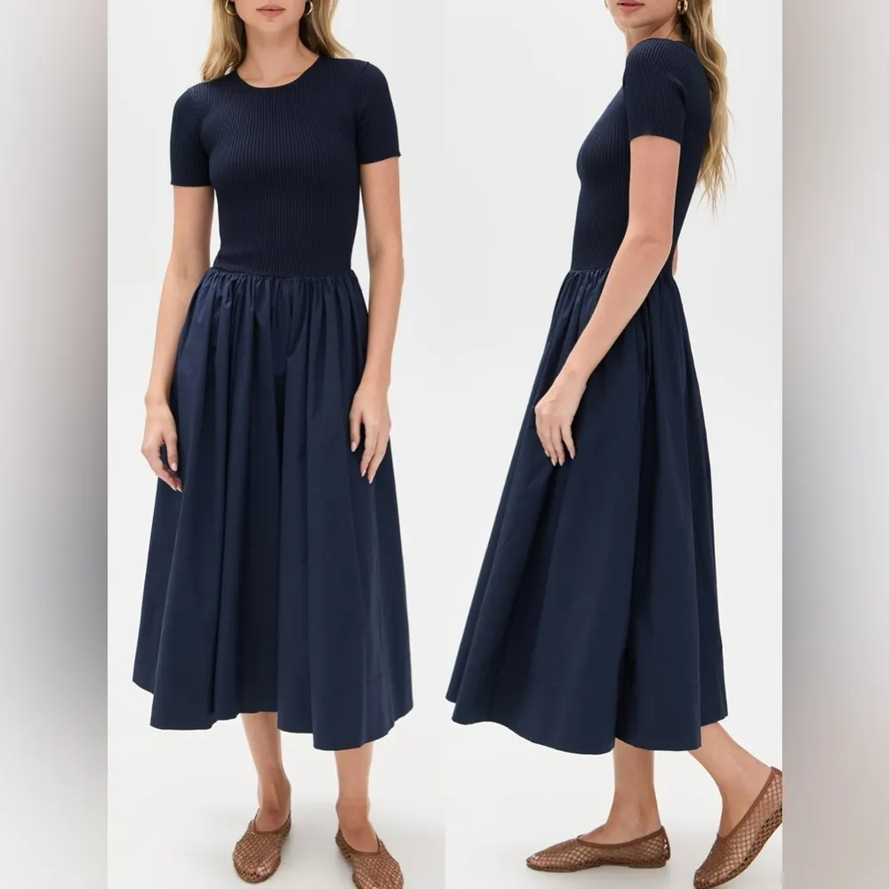 NEW STAUD Ysabel Ribbed A-Line mode mixed media Midi navy blue Dress sz S - Image 3