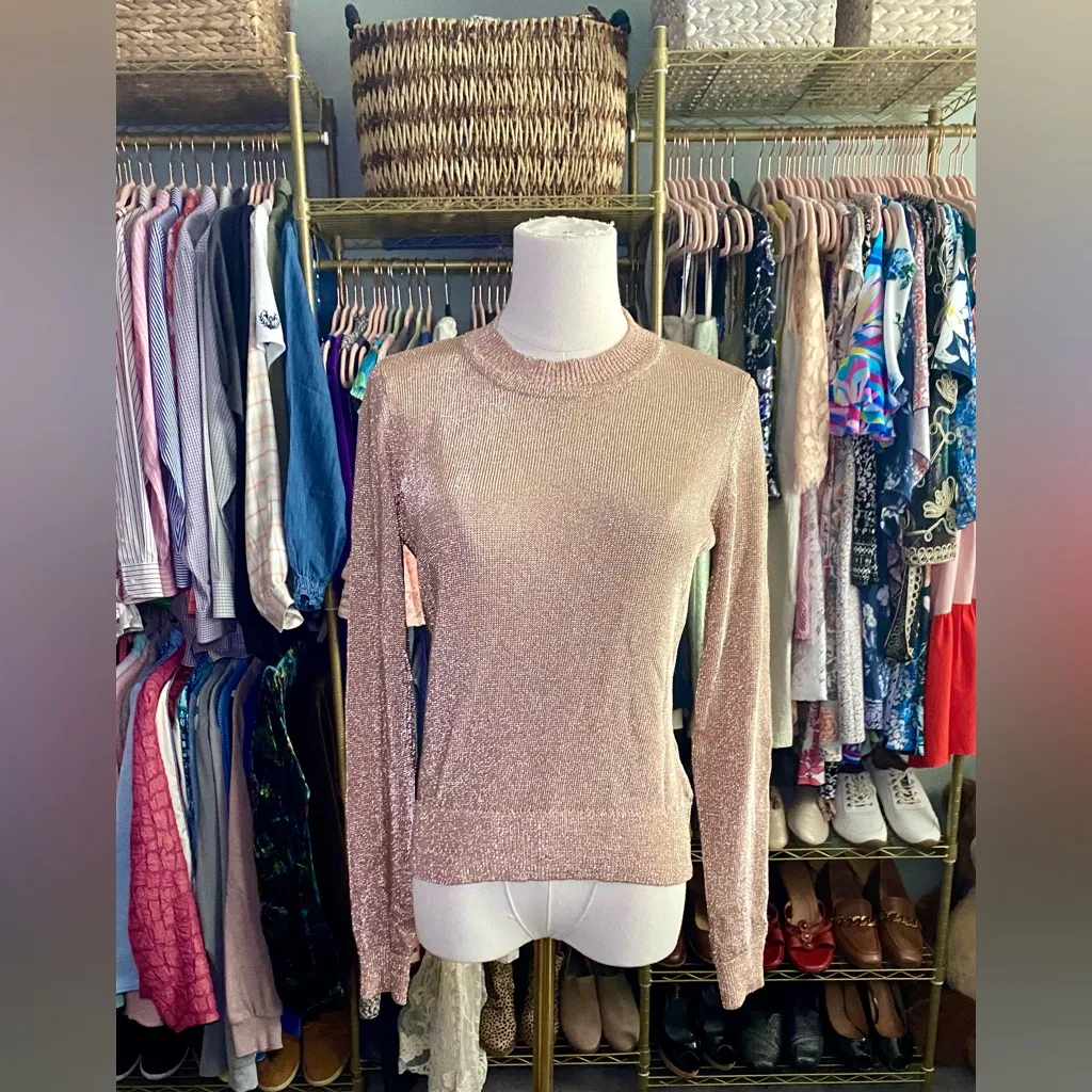 Bardot Metallic Sweater Top Rose Gold Shimmer Knit Crew - Image 3