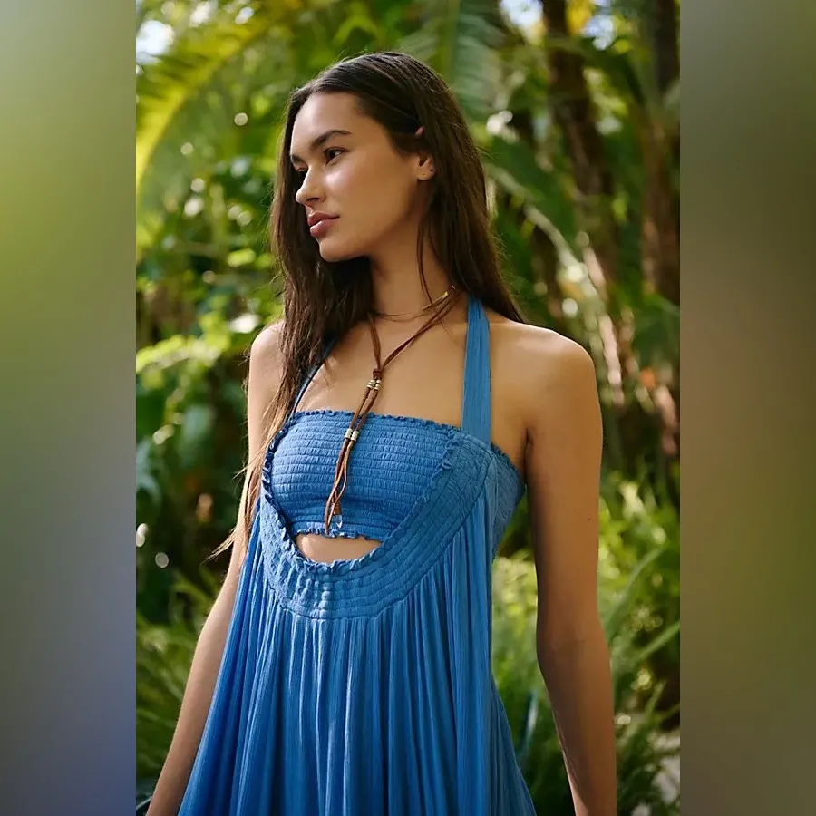 Free People Kauri Maxi Blue Provence Cut Out Flowy Boho Size X-Small Beach‎ - Image 3