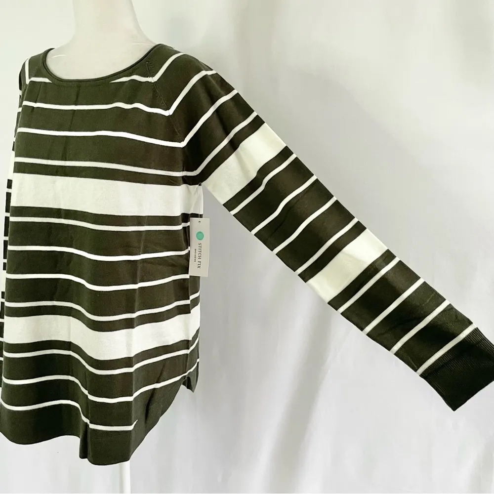 New  Valencia Curved Hem Striped Sweater Olive Green Ivory Size XXL - Image 9