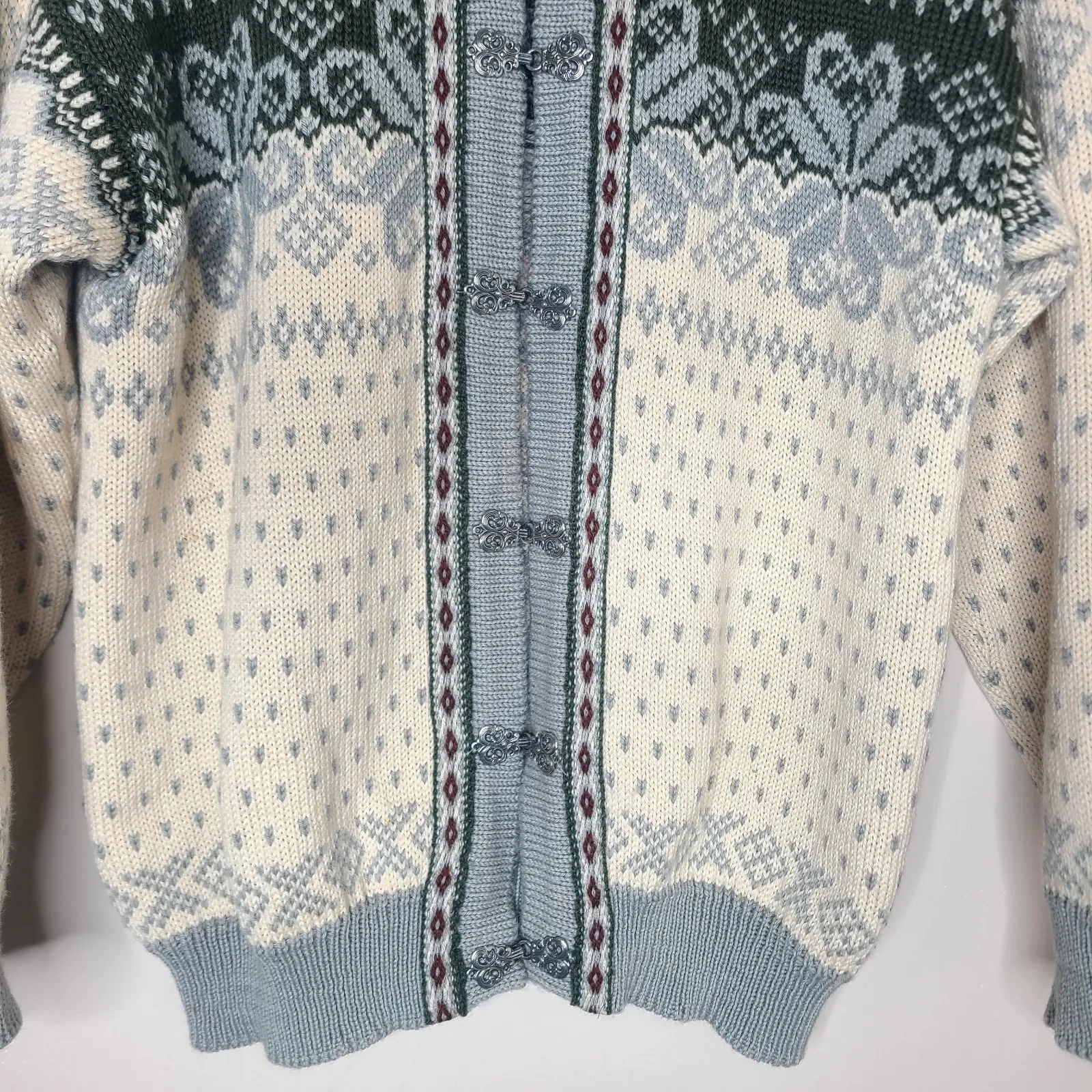 DALE OF NORWAY Fair Isle Wool Knit Clasp Ski Cardigan Sweater Cream Green‎ US L Green Size L - Image 3