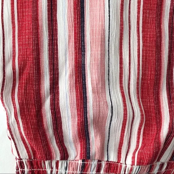 New  Striped Button Front Crop Top V-Neck Smocked Hem Pink Red Juniors Size Large - Image 7