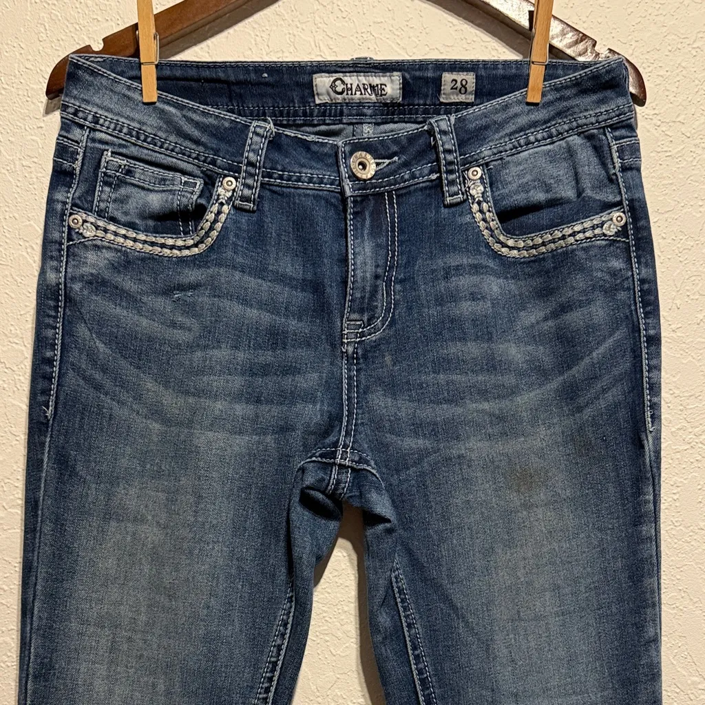Charme Indigo Boot Cut Jeans Two Tone Raw Hem Distressed Embroidered Pockets 28 Blue - Image 3
