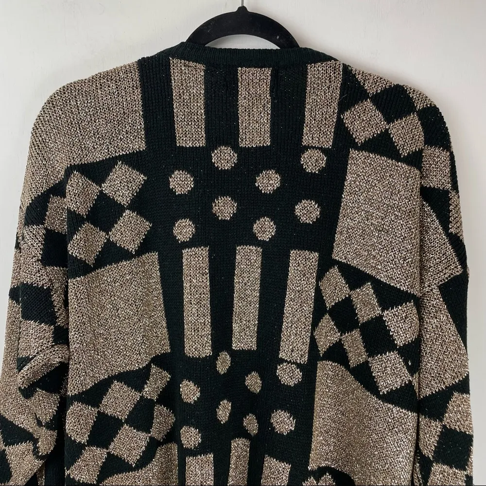 Vtg Gold Metallic Sweater Sz XL Geometric Polka Dot Print Black - Image 7