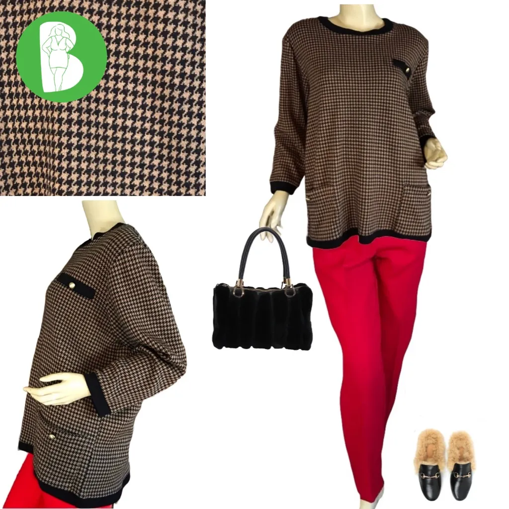 VINTAGE 1990'S CAPE COD SPORTSWEAR BROWN & BLACK HOUNDSTOOTH SWEATER (18/20) Size 18W - Image 2