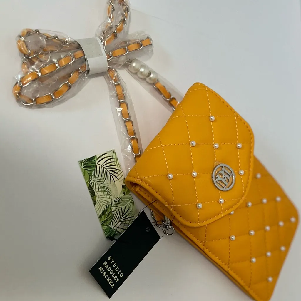 Studio Badgley Mischka Yellow Quilted Crossbody Phone Bag with Chain Strap - Image 3
