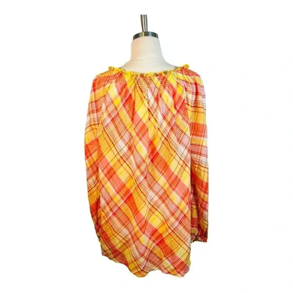 LANE BRYANT MADRAS PLAID PEASANT TOP BRIGHT COLORS‎ WOMEN PLUS SIZE 18/20 - Image 4