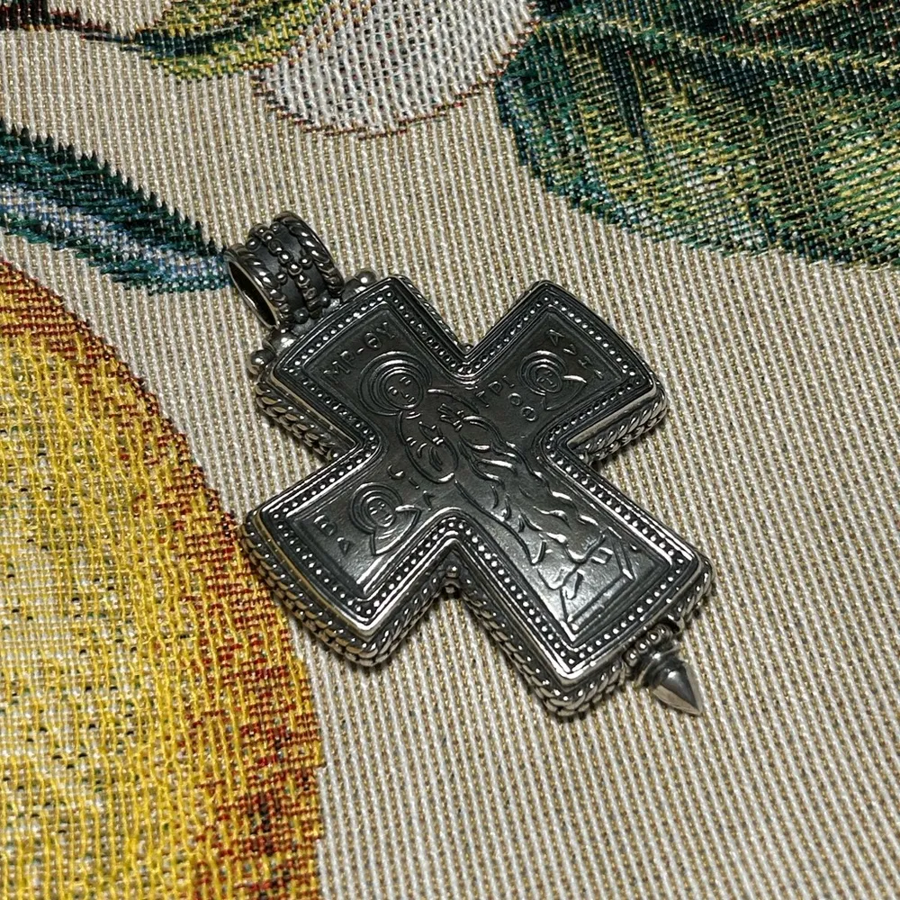 Konstantino Greece Sterling Silver 925 Etched Mother of God Cross Pendant - Image 4