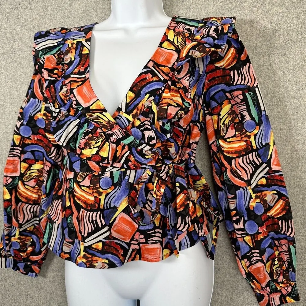 Vestique Women Small Blouse Top Wrap Tie Colorful V-Neck Ruffle Neck Geometric - Image 2