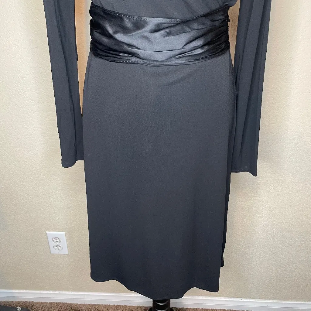 Black Long Sleeve Faux Wrap Dress Satin Tie Waist Cocktail Midi Small - Image 6