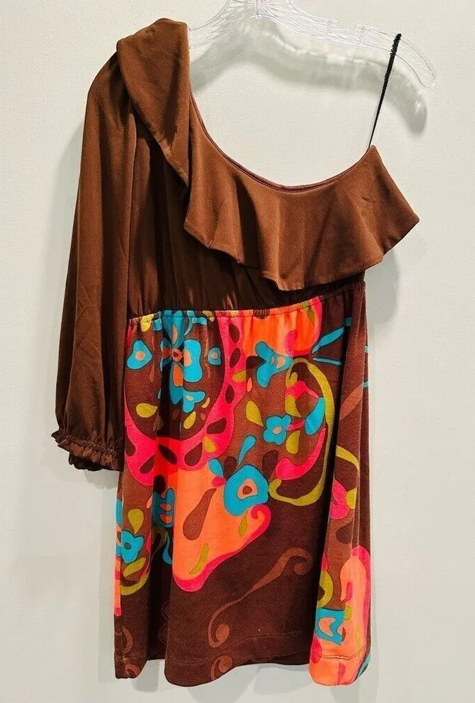 Judith March Ruffle One Shoulder Mini Dress Women's Large Brown Retro Boho NWT - Image 1