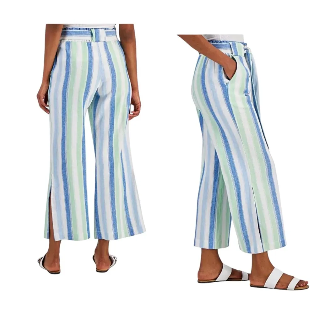 Linen Blend Striped Side Slit Waist Tie Wide Leg Pant Small Resort - Image 3