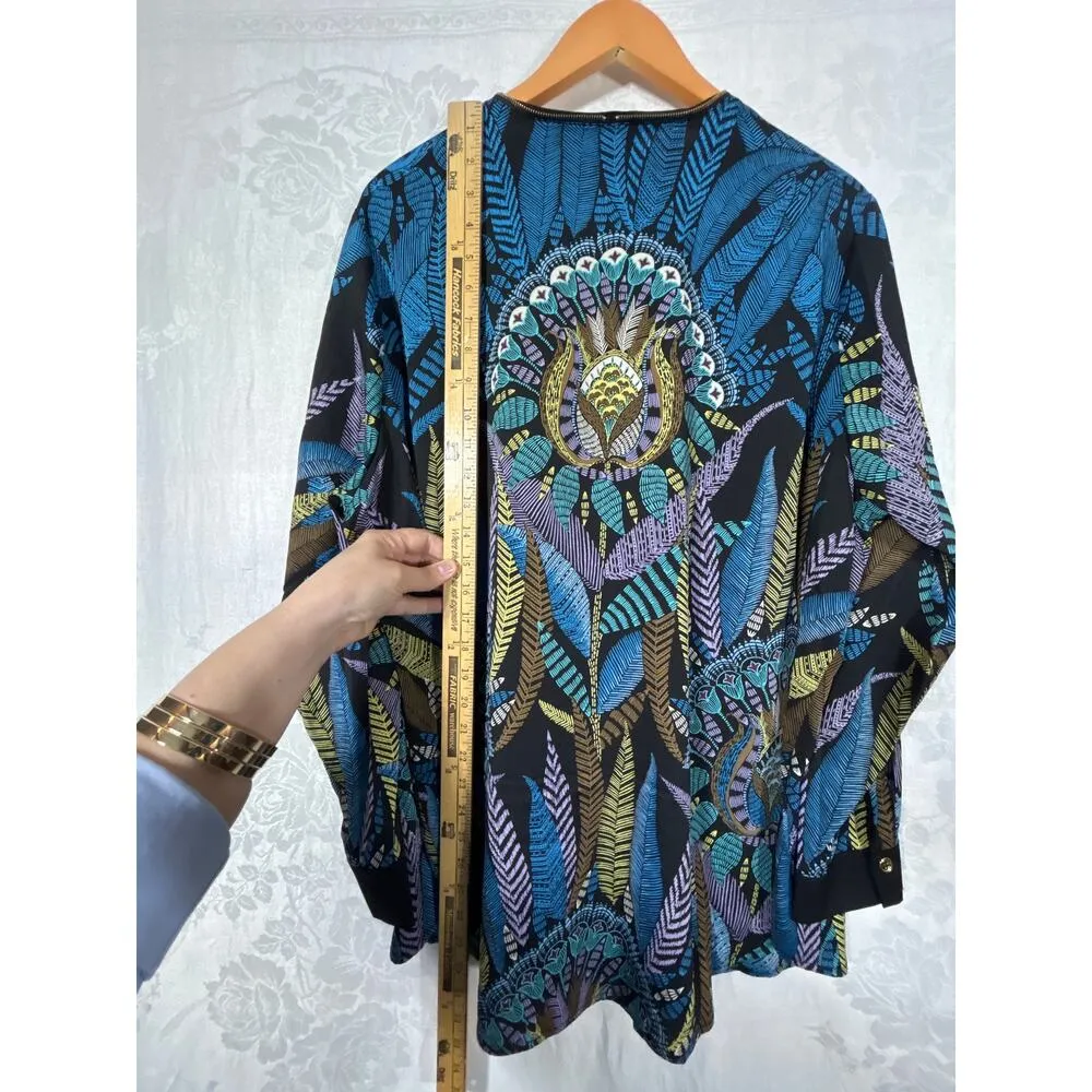 Bob Mackie Top 2X Black Blue Purple Feather Print 1/2 Zip Satin Tribal Peacock - Image 10