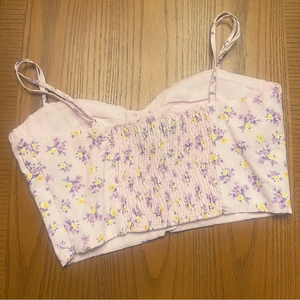 ZARA Floral‎ Printed Sweetheart Neck Linen Blend Crop Top Pink & Purple Size XS - Image 14