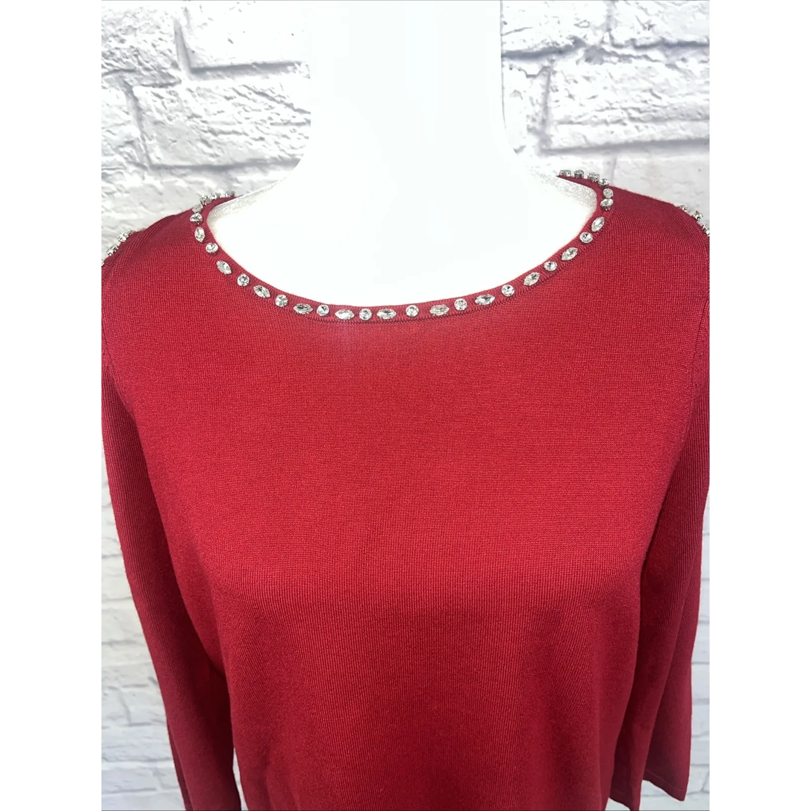 Chico's Red Cold Shoulder Rhinestone Holiday Contemporary Sweater Size 1/Medium - Image 2